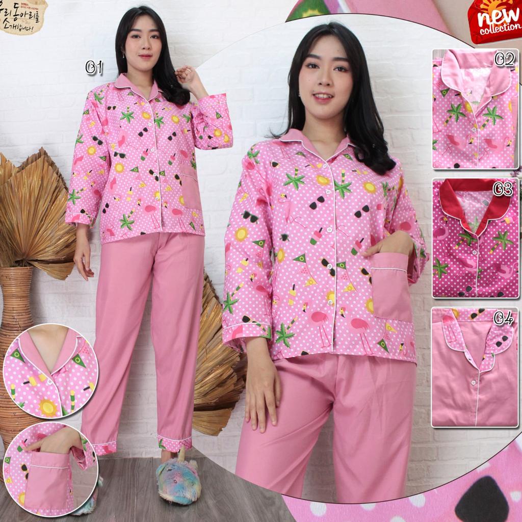 Piyama Wanita Baju Tidur Kombinasi Combi Motif Trendy Lengan Panjang Pendek