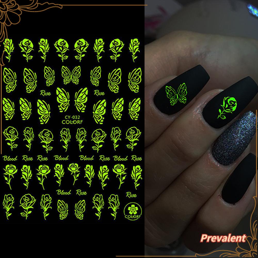 Preva 1/6PCS Stiker Kuku Menyala Dalam Gelap Bintang Mawar Kupu-Kupu Nail Art Glitter Decal