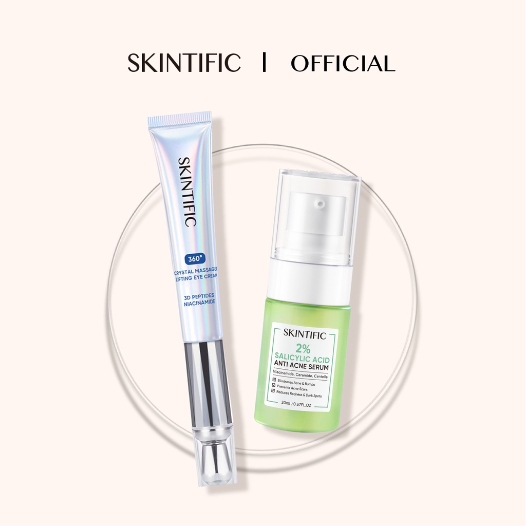 SKINTIFIC 2pcs Set | 2% Salicylic Acid Anti Acne Serum 20ml Totol Jerawat + 360° Crystal Massager Lifting Eye Cream 20ml Krim Mata