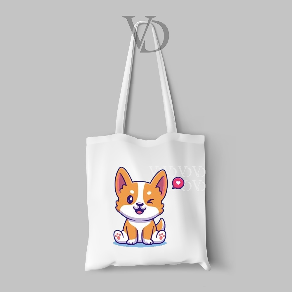 tote bag kanvas motif anjing corgy / totebag / tas belanja corgy cute