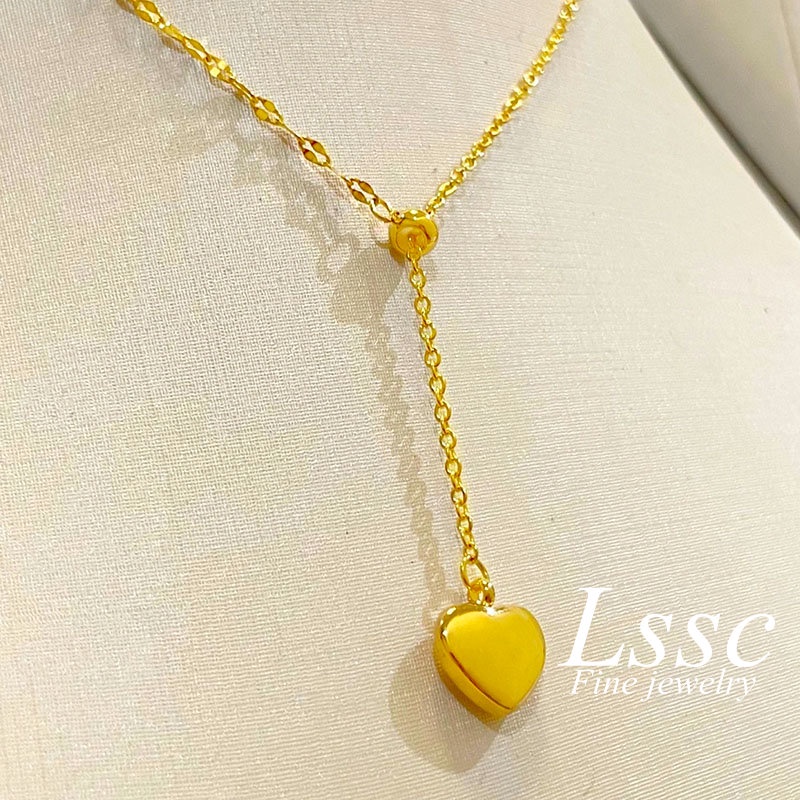 Kalung Titanium Serut Hati Rumbai Panjang Emas 18K Cantik Aksesoris Wanita Fashion Korea