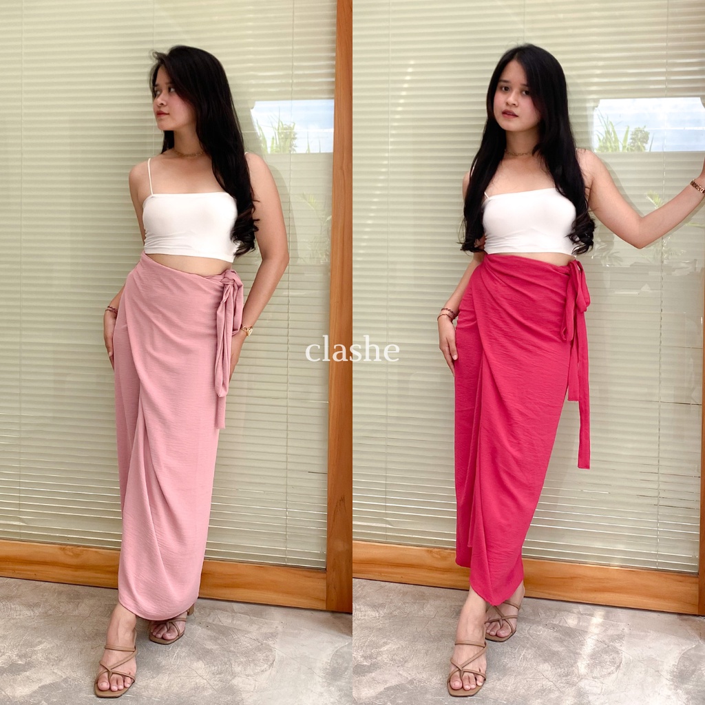 Rok Wanita Panjang Lilit Polos Bahan Crinkle Airflow Anti Lecek Korean Style Terbaru Kekinian Viral Elsa Skirt by Clashe