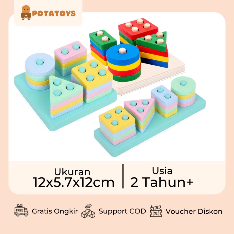 [ Potatoys ] Shape Sorting Wooden Toys / Mainan Edukasi Anak / Mainan Kayu anak / Mainan Kayu Alphabet / Wooden Alphabet Toys / Basic Shape Sorting Kayu Balok 4 Shape Block