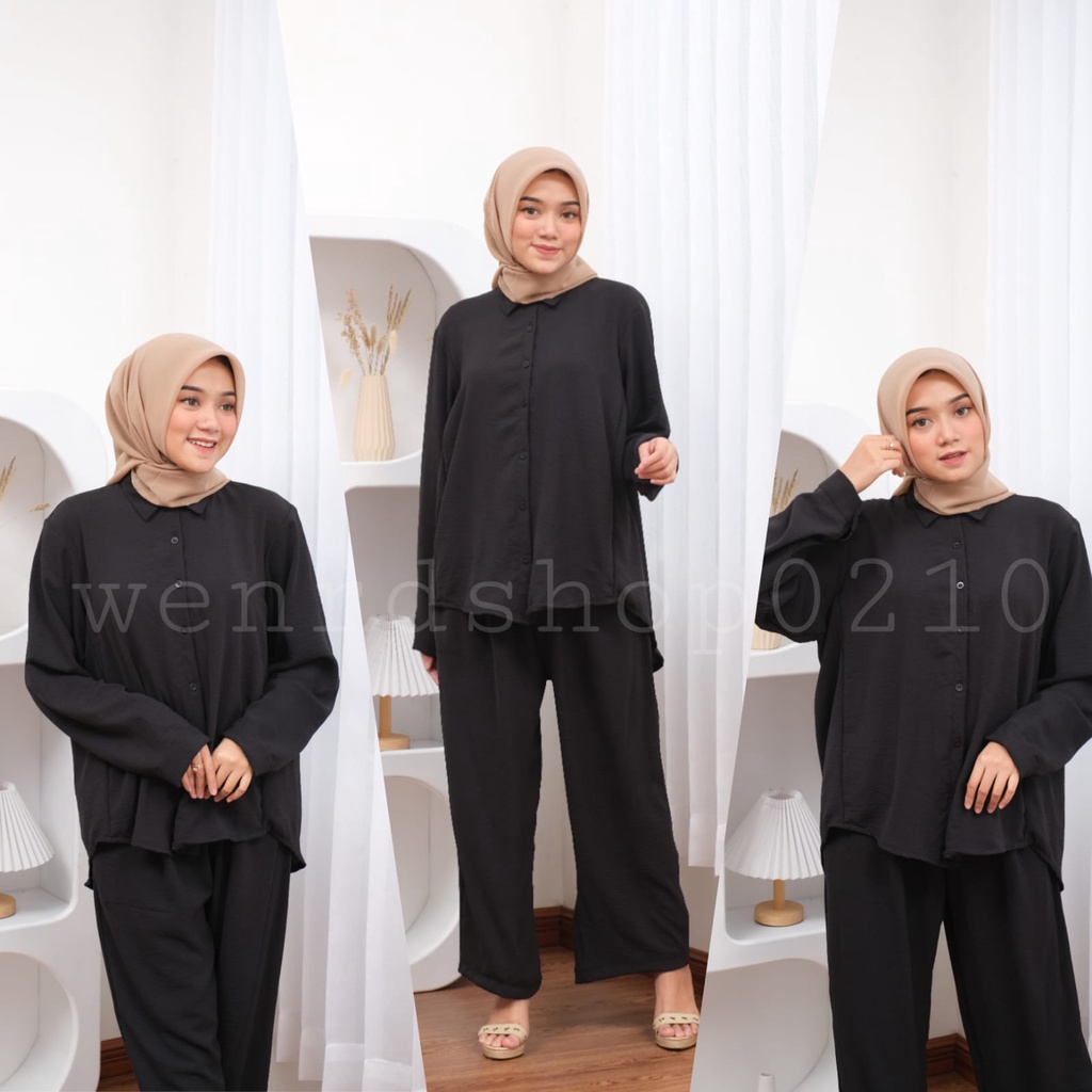 ONE SET CEYA/ SETELAN KEMEJA CRINKLE LENGAN PANJANG/ KEMEJA CRINKLE SET HIJAB FRIENDLY