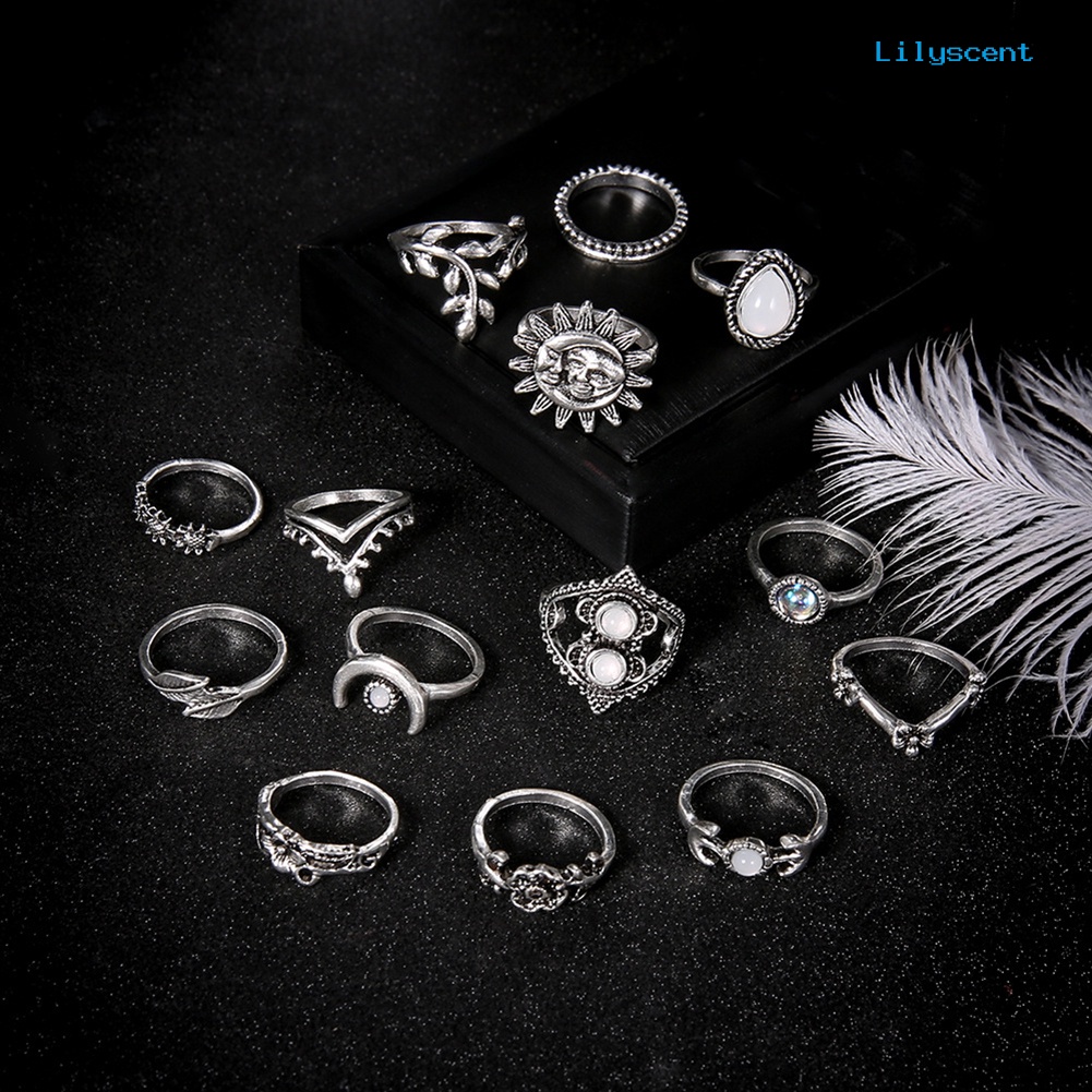 [LS] 14 Pcs Vintage Bunga Matahari Bulan Jari Midi Knuckle Rings Set Wanita Pesta Perhiasan