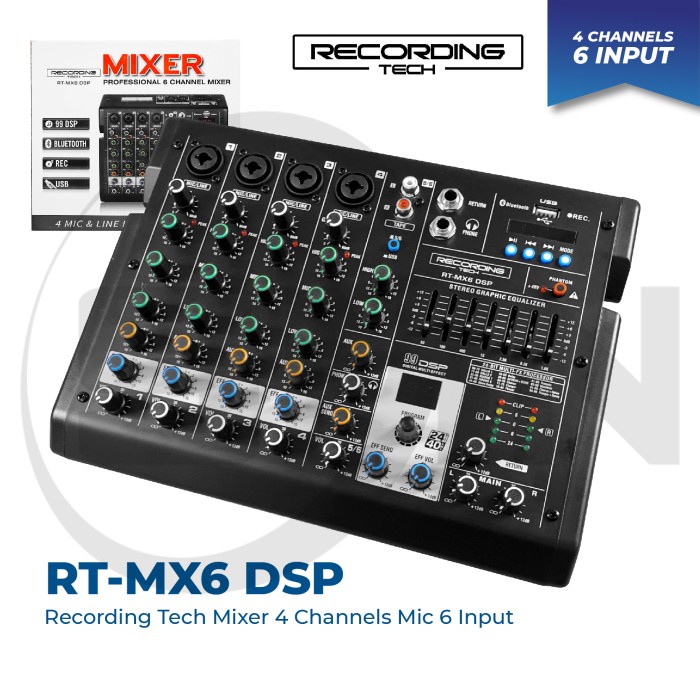Mixer Recording Tech RT-MX6 4 Channel Mic 6 Input PODCAST LIVE REC
