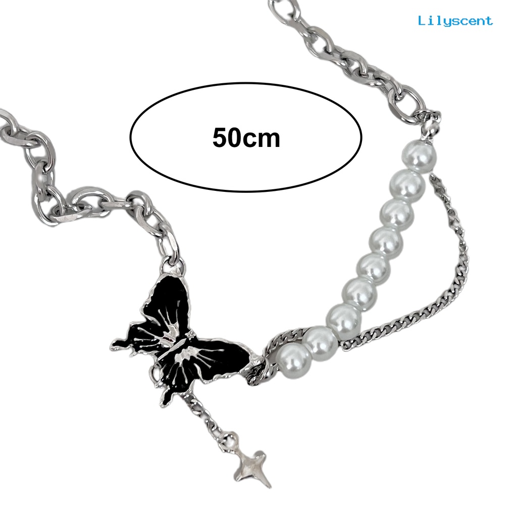 [LS]Wanita Kalung Manis Keren Asimetris Berkilau Tinggi Mutiara Imitasi Rantai Link Hadiah Kupu-Kupu Hitam Liontin Kalung Fashion Perhiasan