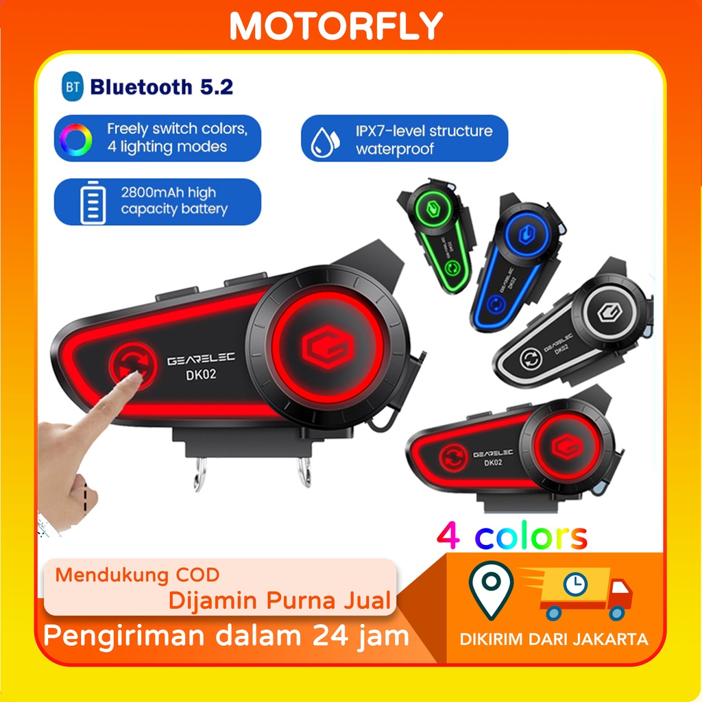 Gearelec DK02 Helm Sepeda Motor Bluetooth Headset Hands Free Call Kit IPX7 Tahan Air 2800 MAh BT5.2 Nirkabel Stereo Headset dengan