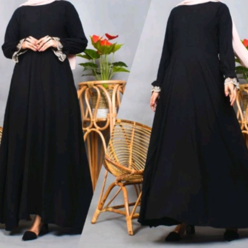 gamis hitam polos renda tangan