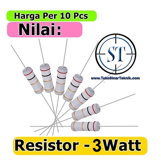 x10 Resistor 3W Resistor Carbon Film Toleransi 5% Banyak Varian Nilai Ohm / Kilo Isi 10 Pcs