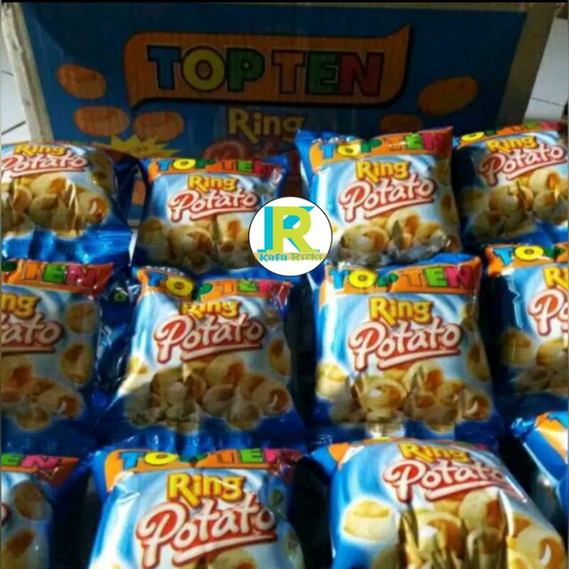 

TOP TEN RING POTATO, SNACK JADUL GURIH,KEMASAN 1 RENCENG ISI 10 PCS X 8 GR