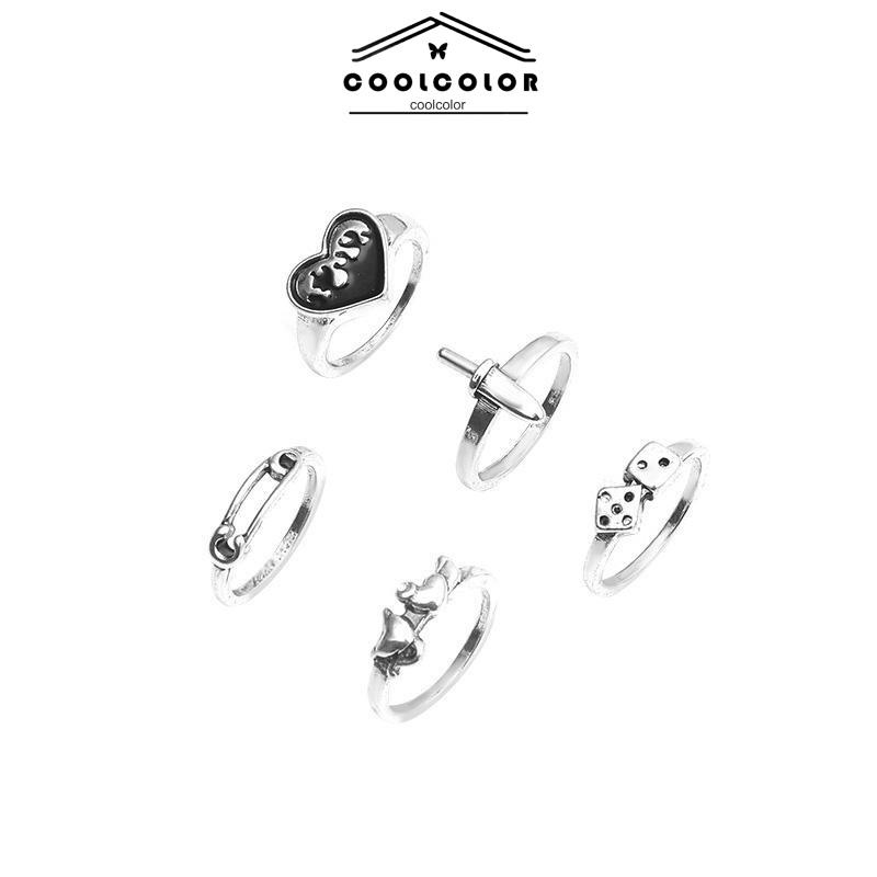 COD❤️5 Pcs set Domingo Ring Alloy peniti dadu love pedang retro silver cincin wanita fashion korea