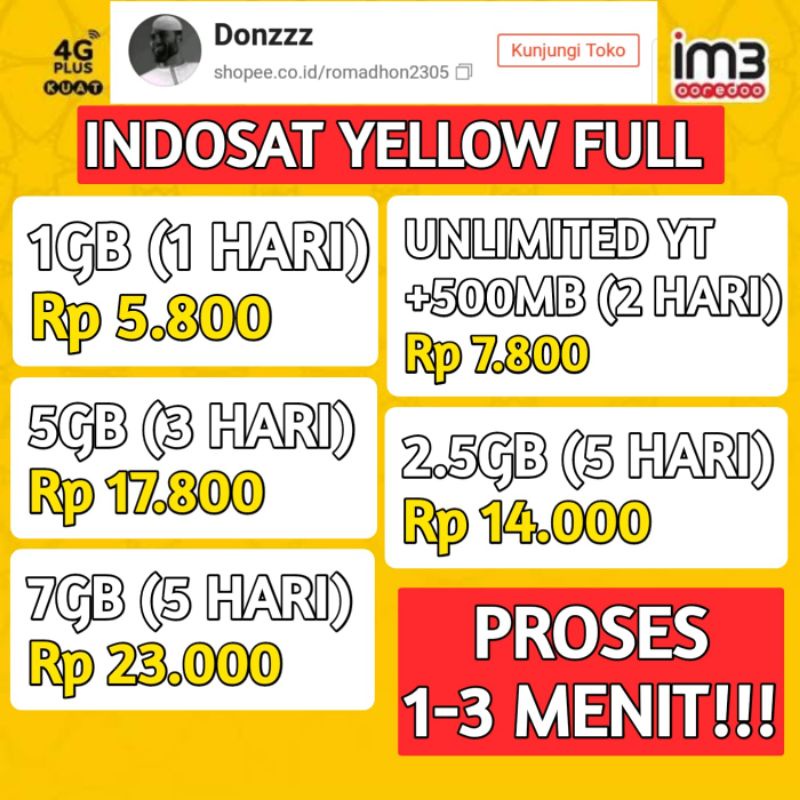 PAKET DATA/KUOTA INJECT INDOSAT/IM3 ( YELLOW ) 24JAM TANPA PEMBAGIAN.