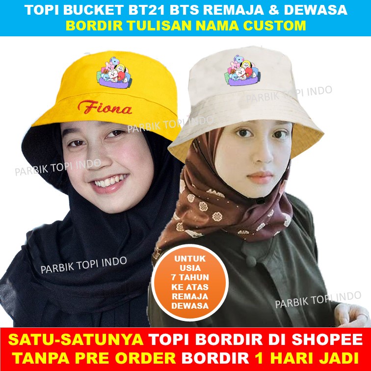 Bucket Dewasa BT21 BTS Topi KOREA Custom Bordir Nama Untuk Remaja Usia 7 Tahun ke atas