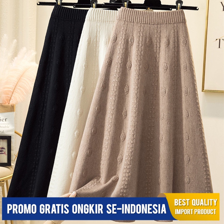 Rok Korea Rajutan Rok       Kasual Pinggang Tinggi Panjang Payung Rok Wol Rok  supplyRS Import Berku