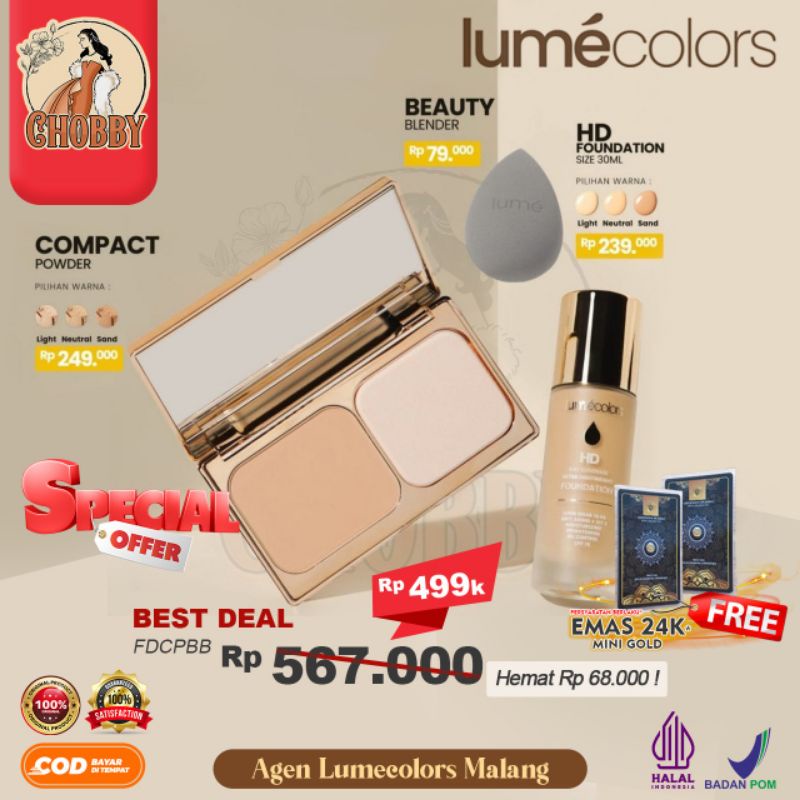 ❤️AGEN LUMECOLORS ❤️ PAKET Kosmetik BUNDLING 3in1 LUMECOLORS COMPACT+FOUNDATION 30ml+BEAUTY BLENDER 
