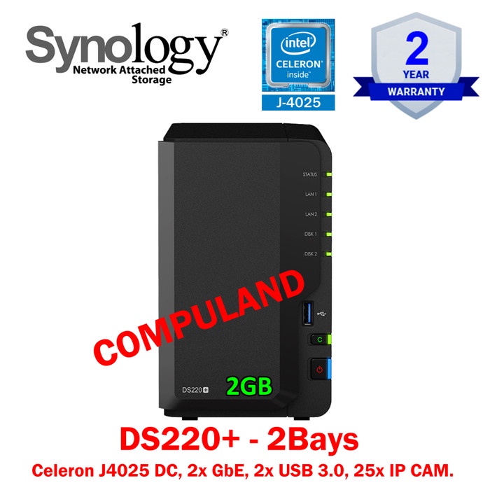 Synology Nas Ds220 Plus 2Gb - 2Bays, Cel J4025Dc, 2Gbe, 2Usb3.0