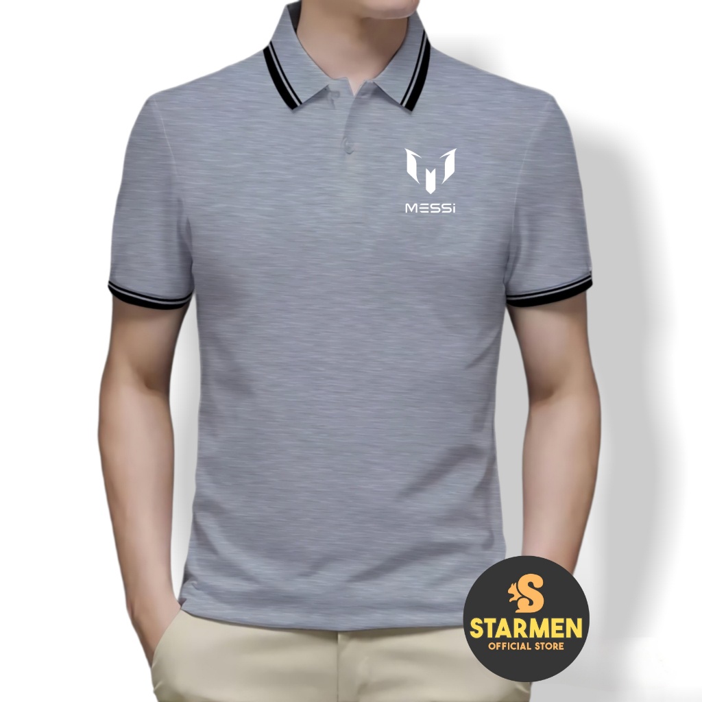 Kaos Polo Shirt Pria Kerah List Putih logo LIONEL MESSI