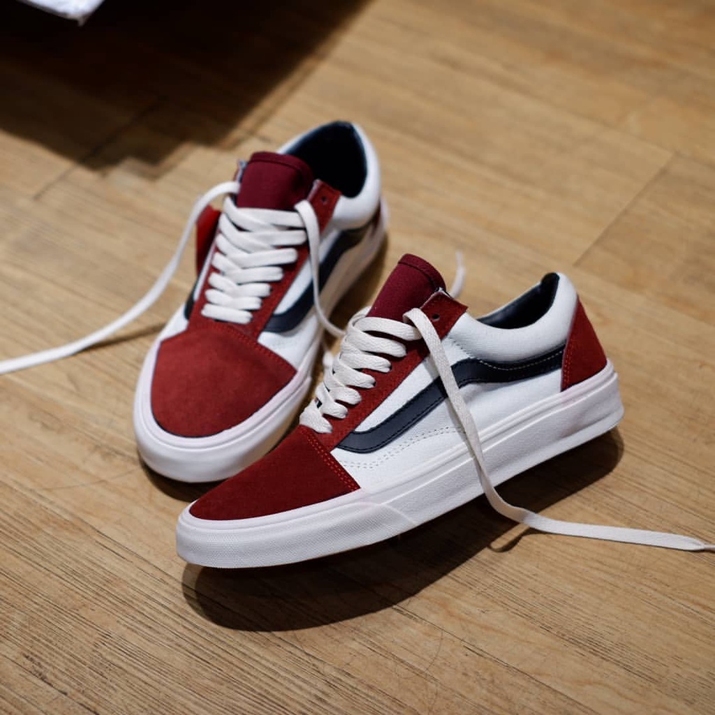 Sepatu Vans Oldskool merah putih  Sneakers Pria Kets Putih Abu Kado Hadiah Sekolah Kuliah Kerja