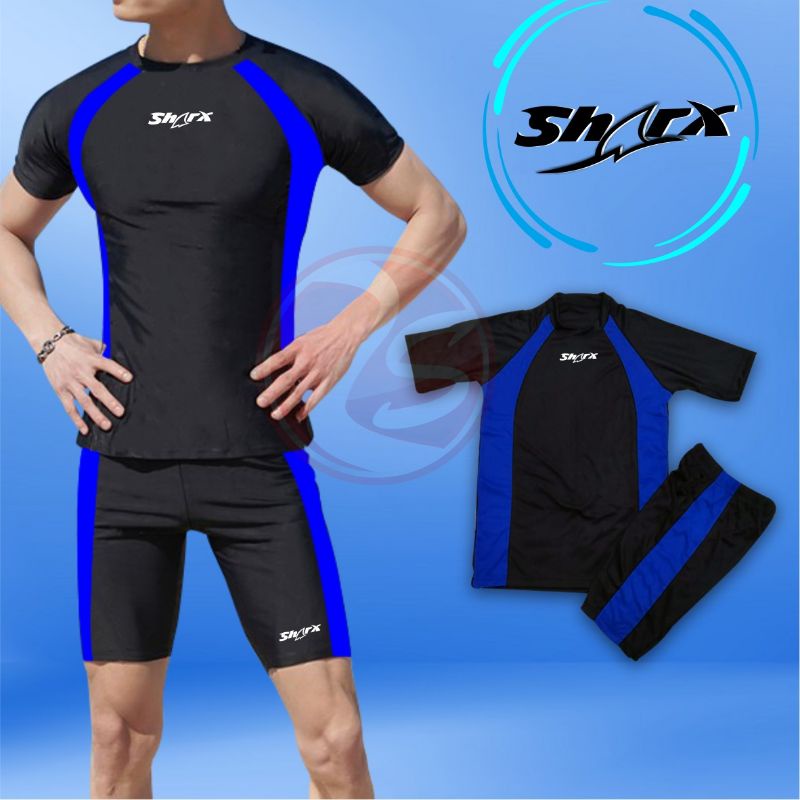 Setelan renang murah baju celana hitam LIS BIRU baselayer short sleeve short pants swimming suite black lis blue atasan bawahan olahraga pria pakaian olahraga murah kaos celana renang pria