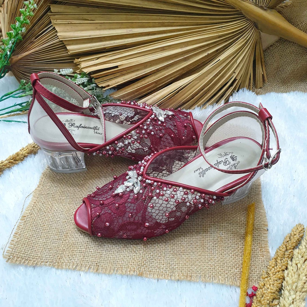 sepatu wedding pesta cantik Rania merah maroon hak 5cm kaca