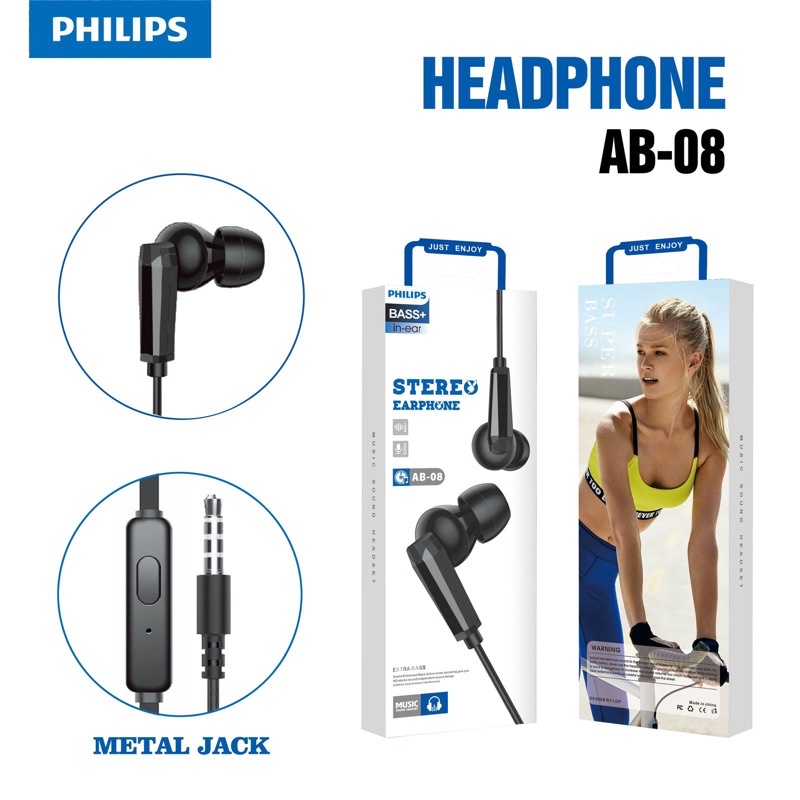 Headset Handsfree Philips + Mic Hifi Extra Bass AB-08