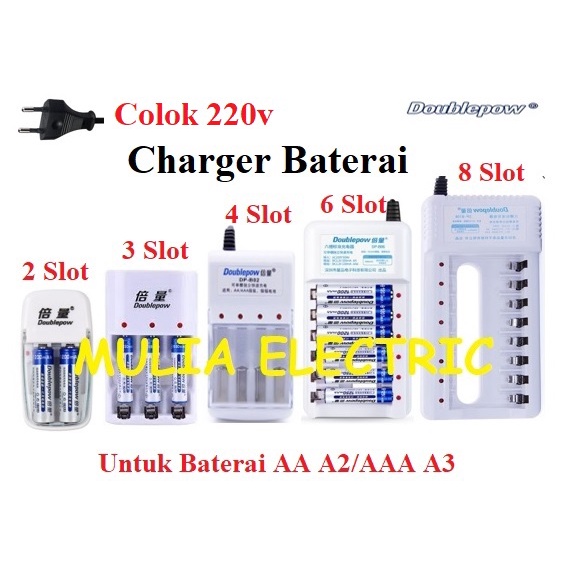 Charger Baterai Batre Doublepow Cas Casan AA A2 AAA A3 Isi Ulang  2 3 4 6 8 Slot Dengan Indikator LED Rechargeable Colok 220V