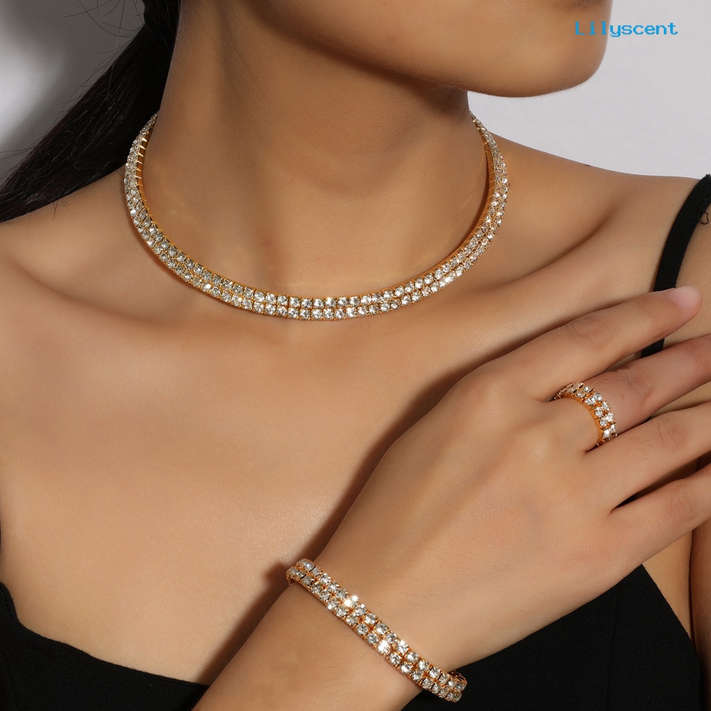 [LS] 4pcs/set Rantai Ekstensi Kalung Anting Gelang Cincin Adjustable Multi Baris Berlian Imitasi Penuh Wanita Choker Kalung Set Perhiasan Aksesori