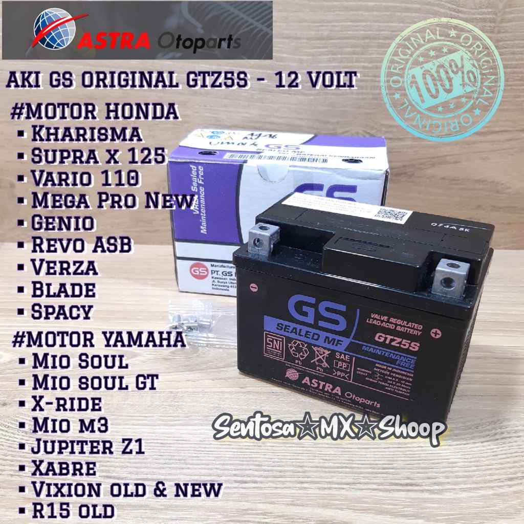 AKI ACCU MOTOR KERING GS GTZ5S-12VOLT ORIGINAL ASTRA 100% MOTOR BEAT F1 KHARISMA SUPRA X125 BLADE GE