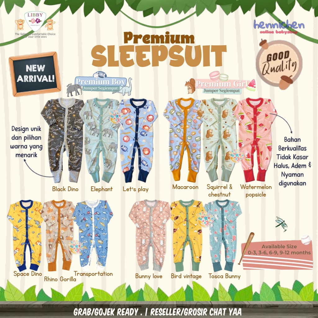 1PCS LIBBY PREMIUM SLEEPSUIT (BOY / GIRL ) SLEEPSUIT KANCING PRINT PREMIUM 0 - 12 BULAN