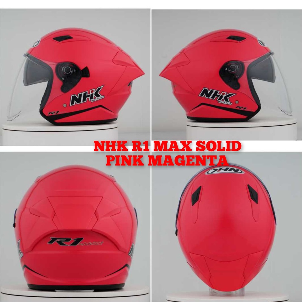 Helm NHK R1 Max Solid Pink Magenta Glossy Pink Magenta Kilat Double Visor Half Face - Helem Motor SNI DOT Touring Dewasa Pria Wanita Cewek Cowok Helmet Keren Terbaru Original