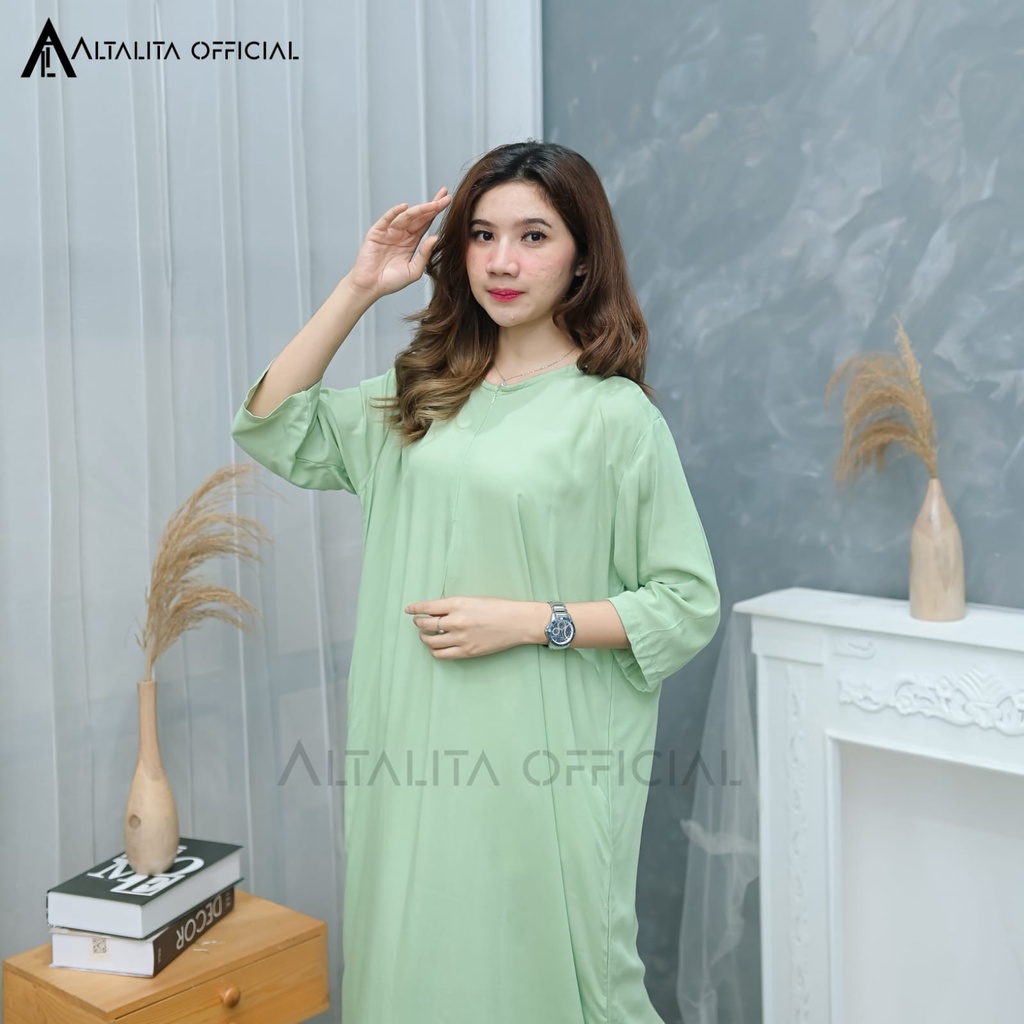 Altalita - Daster Polos Lengan Tangan 3/4 Panjang Semata Kaki Busui Home Dress Gamis Rayon Polos Jumbo LD 120 Long Dress Polos Tangan Panjang Bahan Katun Rayon Adem Tebal Premium