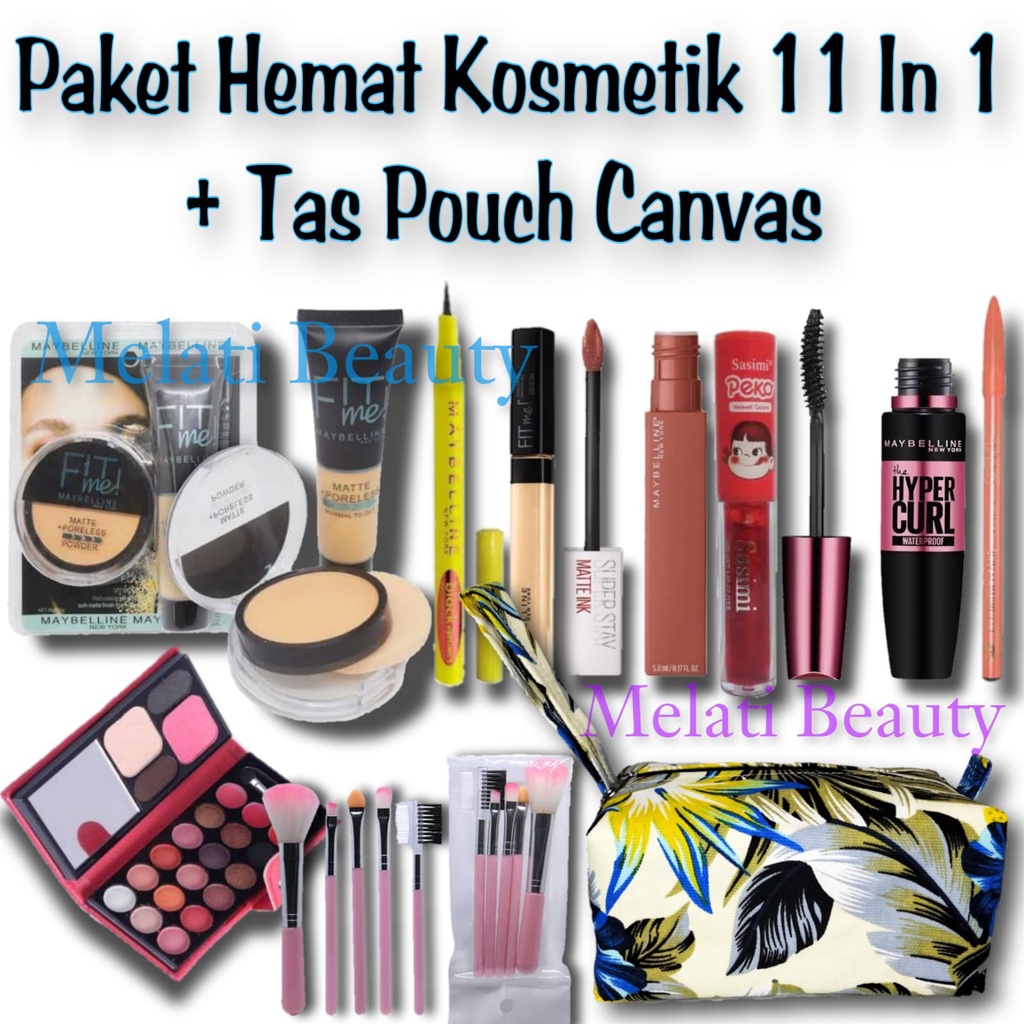 Paket Kosmetik Super Varian Lengkap 20 In 1 + Tas Pouch Canvas Terlaris / Paket Kosmetik Super Lengkap / Palet Hemat Kosmetik / Makeup Set Lengkap Maybelline