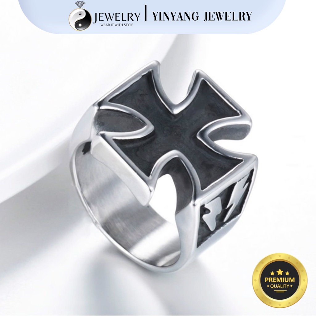 Cincin Rantai / Cincin Pria / Cincin Cowok / Cincin Desain Salib 3D Gaya Punk Unik untuk Pria