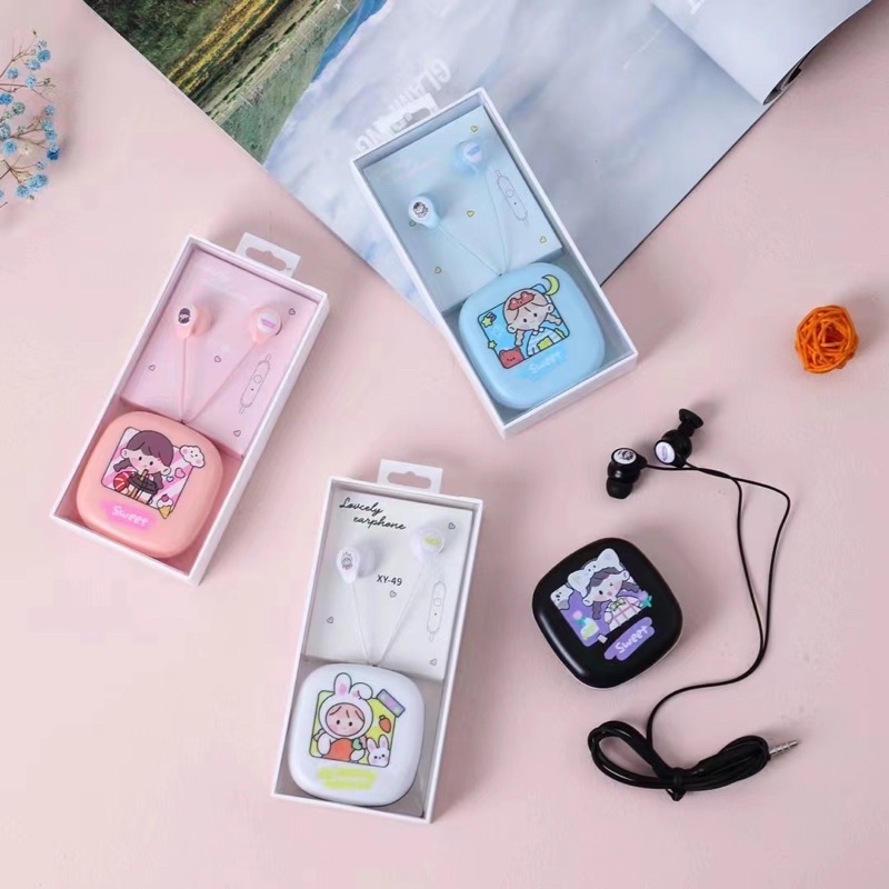 [ XY 49 ] Set Headset Earphone karakter model seri XY 49 / KARAKTER  LOVELY EARPHONE IMOET / + Wadah penyimpanan Earphone Motif