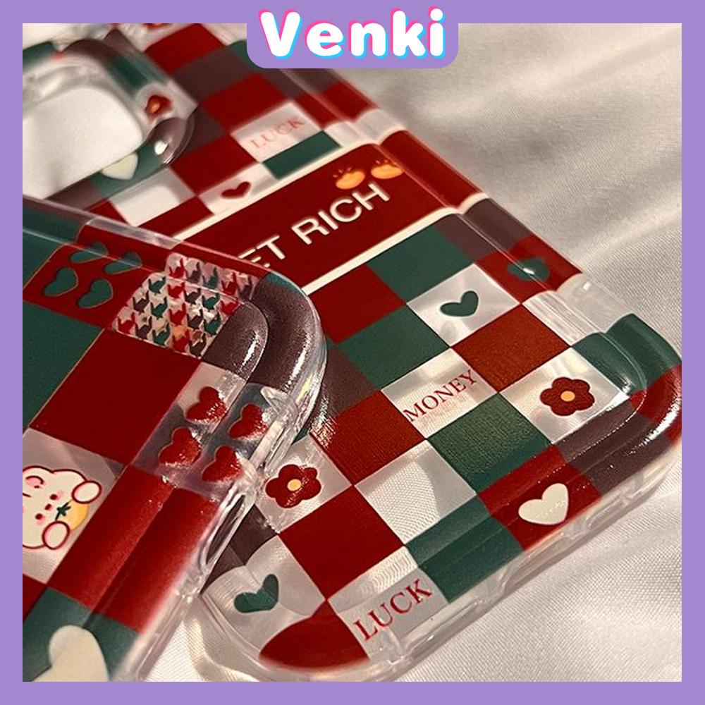 Case For iPhone 14 Pro Max TPU Soft Jelly Airbag Clear Case Red and Green Checkerboard Cute Rabbit Camera Protection Shockproof For iPhone 14 13 12 11 Plus Pro Max 7 Plus X XR