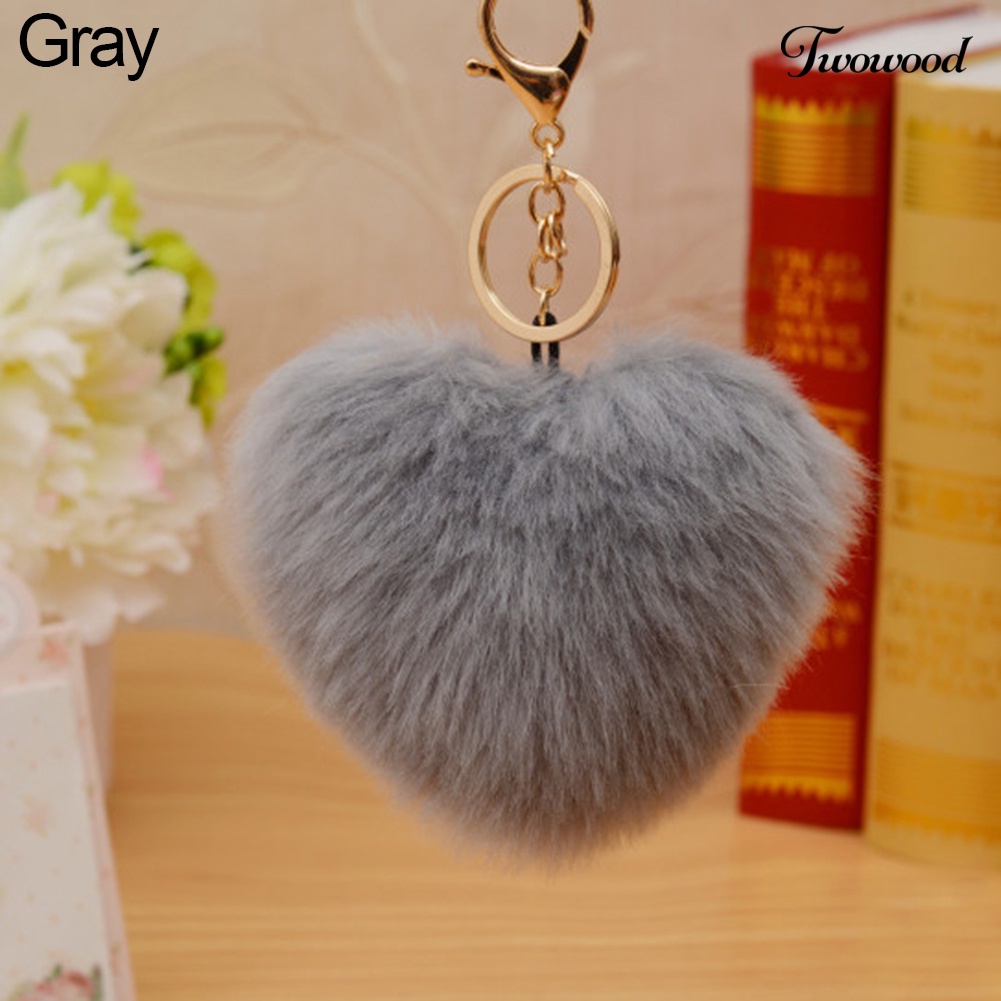 Twowood 10 cm Lucu Faux Fur Ball Pompom Bentuk Hati Gantungan Kunci Ponsel Mobil Handbag Key Ring