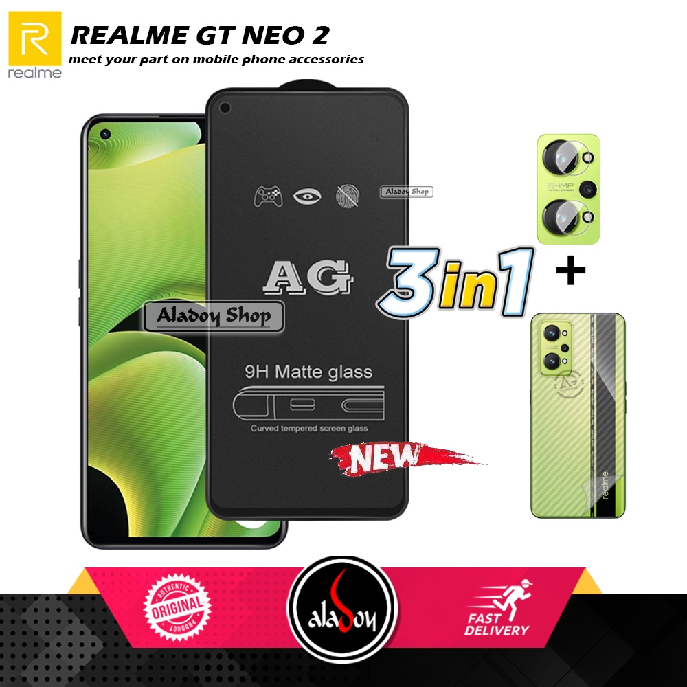 Paket 3IN1 Tempered Glass Layar Matte Anti Glare Realme GT Neo 2 Free Tempered Glass Camera dan Skin Carbon