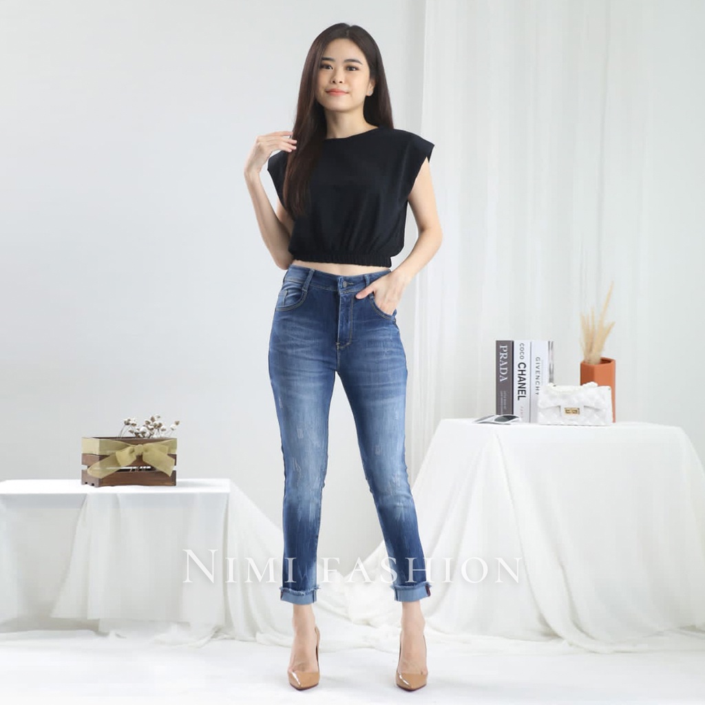 NIMI - Agnes Boyfriend Hw Celana Jeans Stretch Wanita High Waist Blue Stik Bulu