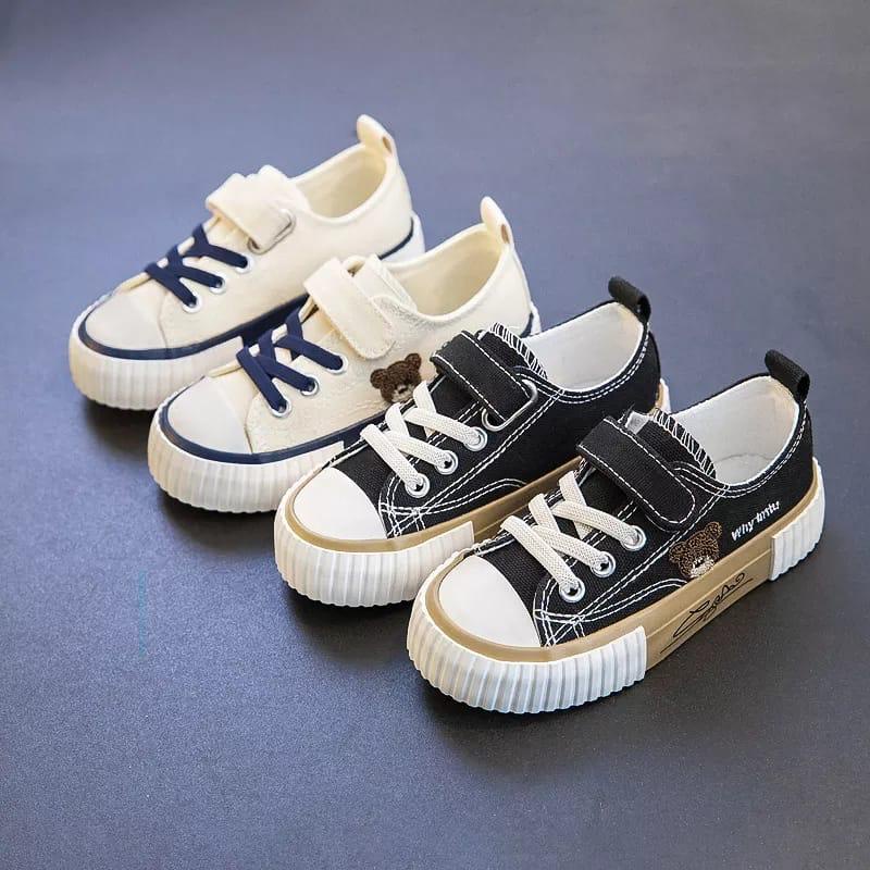 Kids - Sepatu Kanvas Kartun Anak Anak Beruang Bordir  Hitam Beige TD-01