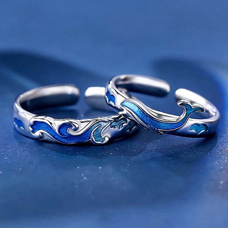 Fancyqube 2 Pcs Fashion Zirkon Pasangan Cincin Set Perak Berlapis Gunung Laut Matahari Bulan Cincin Terbuka Yang Dapat Disesuaikan Untuk Pria Wanita Pernikahan Perhiasan Minimalis