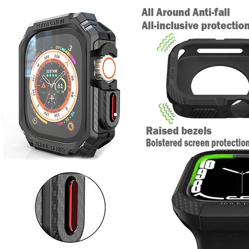 Military Toughed Frame Case Untuk Apple Watch Ultra 49mm Tekstur Serat Karbon Bumper Tombol Logam Untuk iWatch 49mm