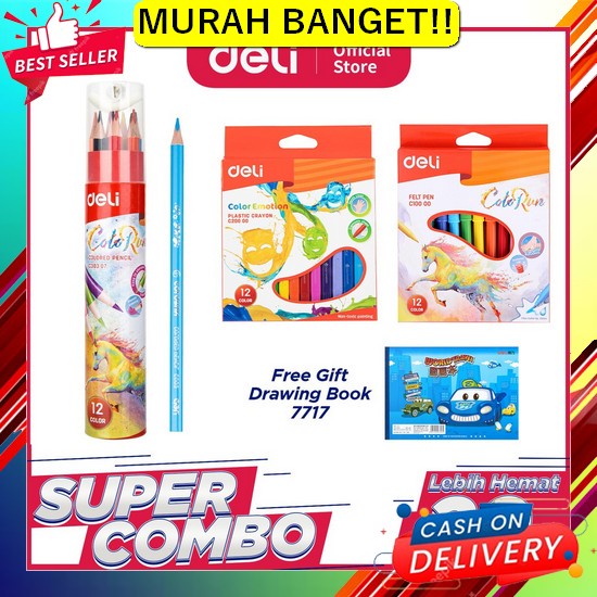 

24 Warna Crayon Plastik Krayon Lengkap Set Mewarnai Anak Sekolah/ Kera Deli Combo Set 3 - Crayon + Felt Pen + Pensil Warna Serba 12 Warna Gratis Buku Gambar