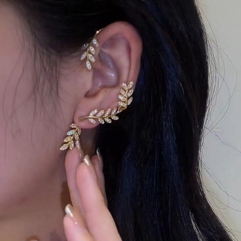 1pc Fashion Wanita Daun Telinga Manset Melengkung Kristal Stud Earring Perhiasan Aksesoris