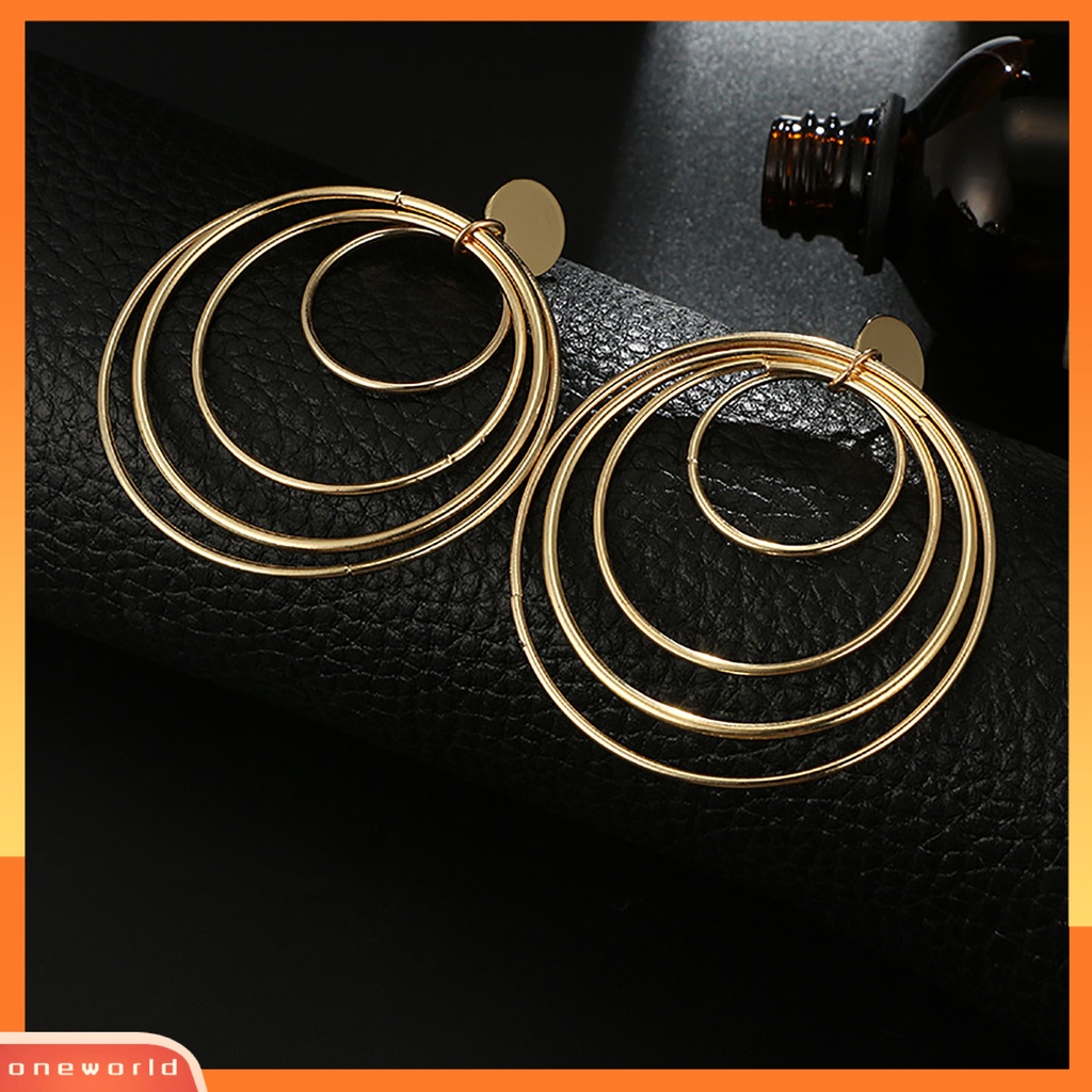 [WONE] Kawat Ear Loop Spring Geometri Multi-circle Retro Berlebihan Anting Paduan Emas Untuk Anniversary