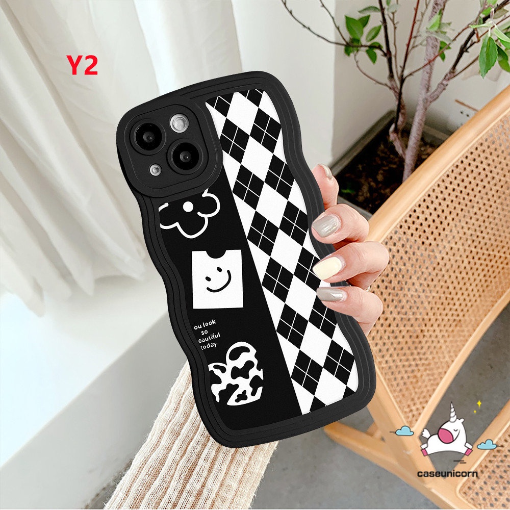 Oppo A15 A16 A16 A17 A54 A96 A5s A95 A12 A55 A57 A17K A16s A3s A5 A9 A74 A76 A77 A7 A16K A1k A77s A53 A52 Reno 8 7 7Z 8Z 6papan Catur Diamond Grid Little Monsters Wavy Edge Soft Case-Y2