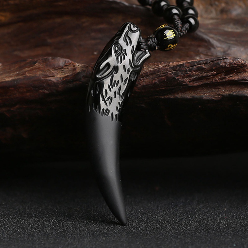 Kalung Liontin Gigi Obsidian Batu Hitam Dan Es Serigala Jimat Dan Jimat Kalung Pasangan Pria Dan Wanita
