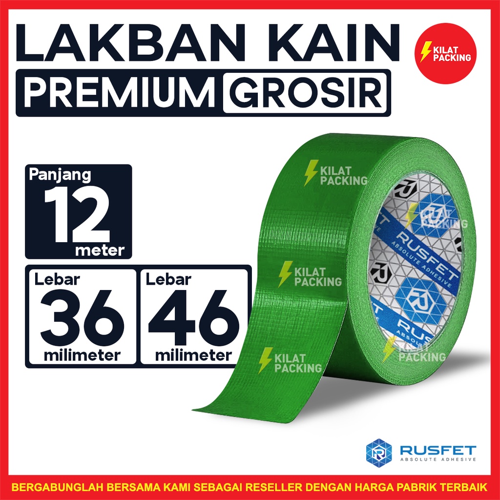 LAKBAN KAIN PREMIUM / CLOTH TAPE RUSFET WARNA HIJAU / LAKBAN TEBAL TERMURAH SATUAN