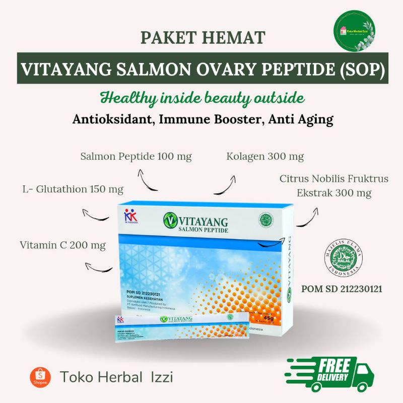 JAMINAN KULIT KENCANG & AWET MUDA / VITAYANG SALMON OVARY PEPTIDE 100 mg (SOP) 15 SACHET / COLLAGEN 