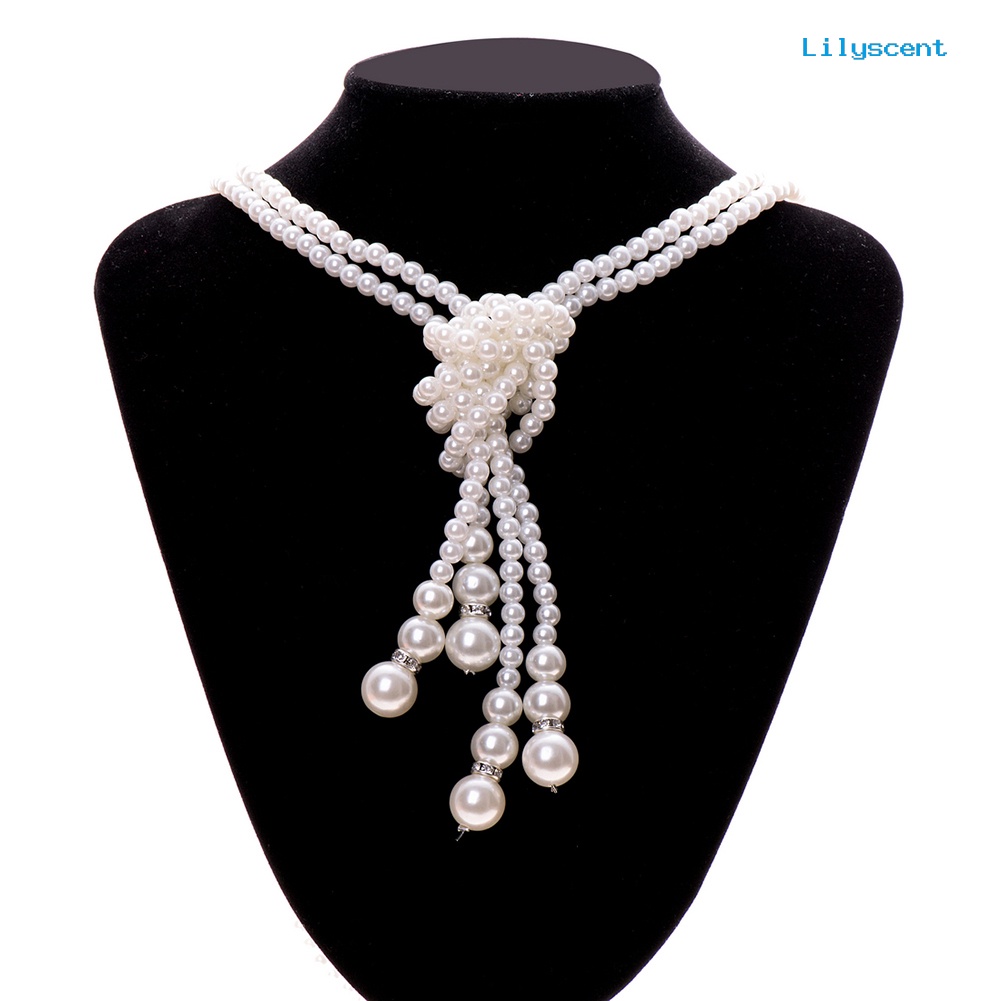 [LS]2Pcs /Set Panjang Mutiara Imitasi Double Layers Knotted Rantai Wanita Kalung